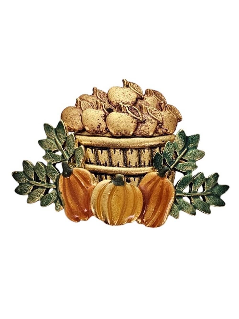 Kenneth Cole Autumn Basket Brooch, Pumpkins Apples Orange Enamel Pin Signed L431